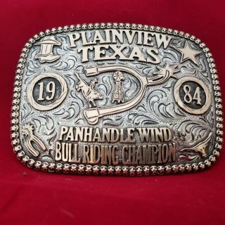 Vintage Rodeo Buckle 1984 Plainview Texas Bull Riding Champion Hand Engraved 424