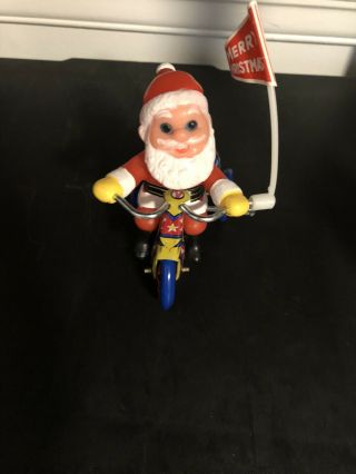 Vintage Tin Litho Wind Up Toy Santa Claus On Tricycle Great Korea 6 - 3