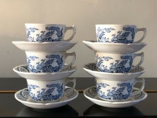 12 Piece Vintage Old Chelsea Furnivals Blue & White Tea Cups Saucers Oriental