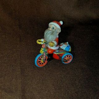Vintage Mechanical Santa Claus Tricycle Tin Litho Tin Wlnd Up Toy