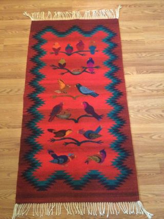Zapotec Rug Red With Bird59” X 31” Native American Weaving Exceptional