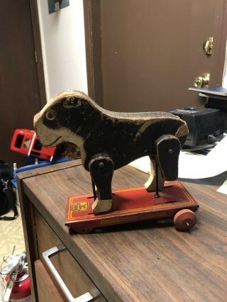 Vintage Hustler Toy Wooden/ Mechanical Boston Terrier On Pressed Steel Base