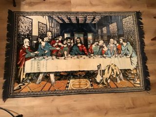 Vintage Leonardo Da Vinci Last Supper Plush Tapestry Rug Wall Hanging 4’x 6.  5’ 2
