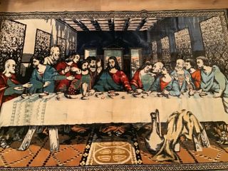 Vintage Leonardo Da Vinci Last Supper Plush Tapestry Rug Wall Hanging 4’x 6.  5’ 3