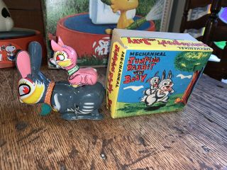 Vintage Mikuni Mechanical Jumping Rabbit With Baby Tin Toy W/ Box