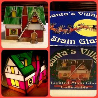 Vtg Tiffany Style Stained Glass Lighted Christmas Village Mr & Mrs Claus House