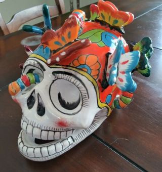 Mexican Talavera Catrina Day of The Dead Skull Gerardo Garcia Folk Art Pottery 2