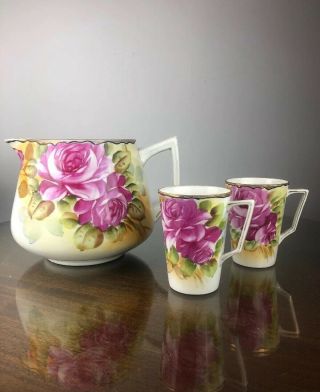 Vintage Hand Painted Floral Art Deco Nippon - Cider Pitcher & 2 Cups Mugs Set
