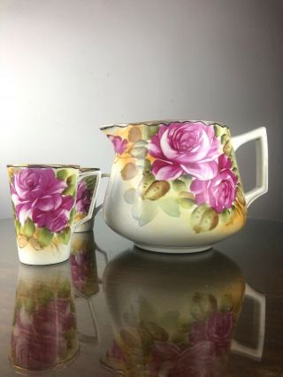 Vintage Hand Painted Floral Art Deco Nippon - Cider Pitcher & 2 Cups Mugs Set 2