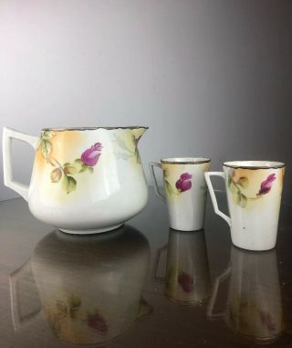 Vintage Hand Painted Floral Art Deco Nippon - Cider Pitcher & 2 Cups Mugs Set 3