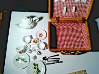 Vintage Wicker Picnic Child’s Basket Porcelain Bear Dishes Tea Set,  Mixed Dishes