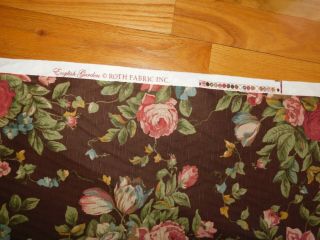 English Garden Roth Fabric Bark Cloth Vintage 8.  3 Yards Brown W/ Pink Roses