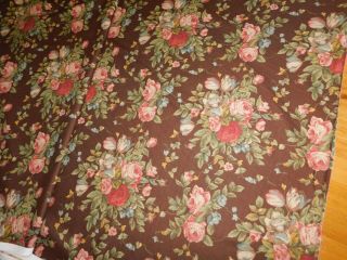 English Garden Roth Fabric Bark Cloth Vintage 8.  3 Yards Brown w/ Pink Roses 3