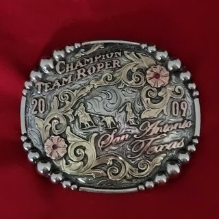Rodeo Trophy Buckle☆2009☆san Antonio Texas Team Roping Champion Vintage 276