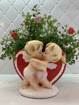 Vintage Lefton Valentine Kissing Cupid Sweethearts Heart Planter/vase