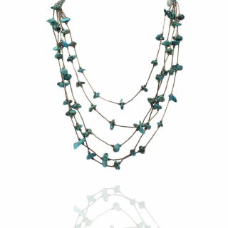 Vintage Navajo Handmade 5 - Strand Liquid Sterling Silver Turquoise Chunk Necklace