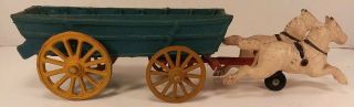 Vintage Cast Iron Toy Two Horses Pulling Covered Wagon
