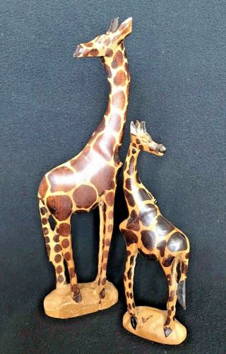 Giraffe Pair Set Of 2 Hand Carved Kenya 8 " & 12 " Craftsmanship Vintage