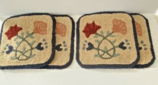 Vintage Chair Pads Floral Hook Rug Seat 12 " X 12 " Navy Blue Red Peach Green
