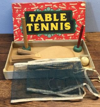 Vtg Table Tennis Ping Pong Set Milton Bradley 3 Paddles Net Box Us Made