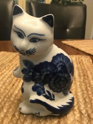 Vintage Cat Figure White Blue Floral Ceramic Porcelain Decor Retro