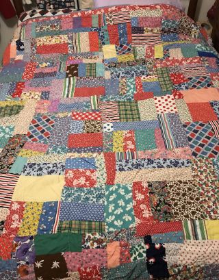 Vintage Handmade Square Patch Quilt Full/queen Bright Colors