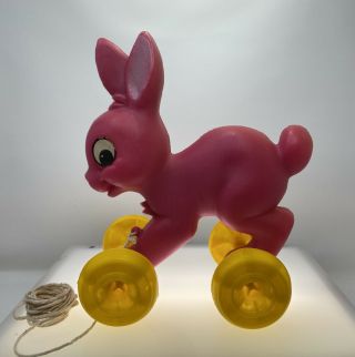 Vintage Plastic Blow Mold Pink Bunny Rabbit Pull Toy With Yellow Wheels