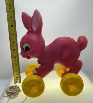 Vintage Plastic Blow Mold Pink Bunny Rabbit Pull Toy With Yellow Wheels 2
