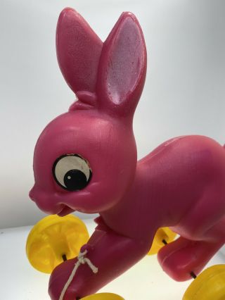 Vintage Plastic Blow Mold Pink Bunny Rabbit Pull Toy With Yellow Wheels 3