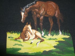 Exceptional Vintage Needlepoint Petit Point Tapestry / Horse - Mare Foal Sampler