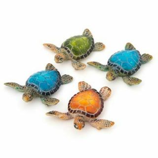 Set Of 4 Sea Turtle Figurines 3.  25 " Long Textured Polystone Brown Blue Green