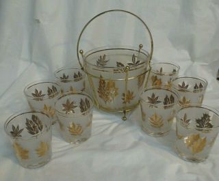 Vintage Libbey Starlyte Gold Leaf Ice Bucket W/carrier & Glasses (8) Set
