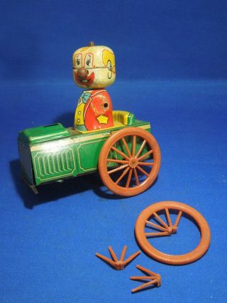 Vintage 1960s Yonezawa Tin Toy Clown In Jalopy Car Japanese