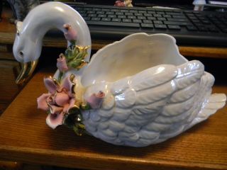 1700 - 1800 Vintage Capodimonte Irridescent Swan Planter With Roses,  Made In Italy