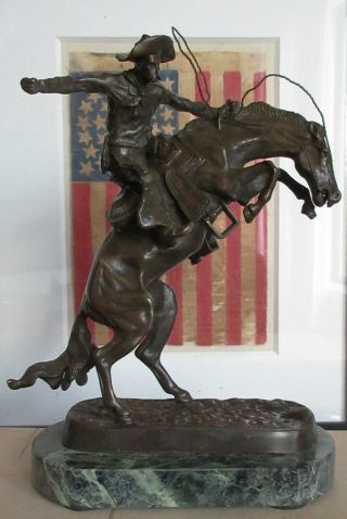 Frederic Remington Bronco Buster Solid Bronze Statue Sculpture Marble Base
