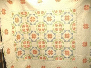 Q 7 Vintage Quilt,  Hand Quilted,  Cross Stitched Flowers,  79 X 84 Inches,  1980 