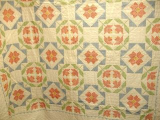 Q 7 Vintage Quilt,  Hand Quilted,  Cross Stitched Flowers,  79 X 84 inches,  1980 ' s 2