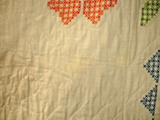 Q 7 Vintage Quilt,  Hand Quilted,  Cross Stitched Flowers,  79 X 84 inches,  1980 ' s 3