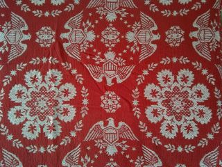 Vintage Loom Woven Bedspread Blanket W/ Fringe Red White Eagle W/ Shield Queen
