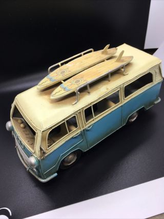 Vw Volkswagen Van Bus Tin Metal With Surfboards 10” Blue