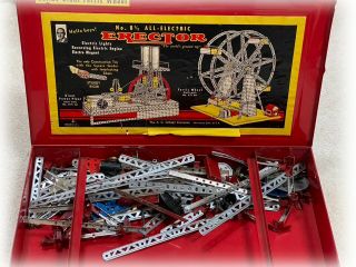Vtg A C Gilbert Erector Set 8 1/2 Red Steel Storage Case Ferris Wheel Parts 1545