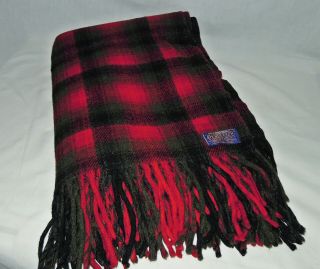 Vtg 60s Pendleton Red Black Gray Plaid Wool Fringed Lap Blanket,  66x50