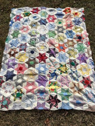 Vintage Handmade Hand pieced Unfinished Quilt Top STARS Novelty 58 
