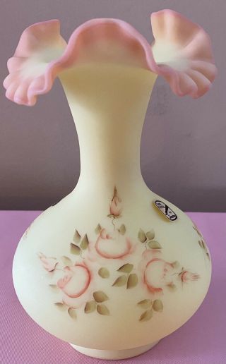 Vintage Fenton Burmese Satin Glass Vase Hand Painted Flowers By Linda Bules Ec