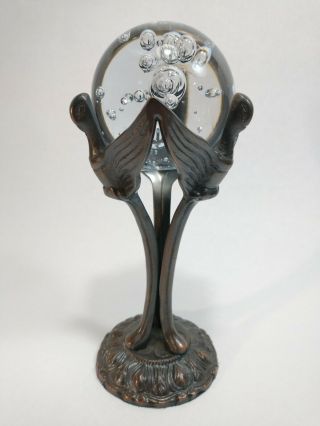 Vintage Modern Ornate Metal Tripod Bird Bubbled Glass Crystal Ball Holder Stand 2