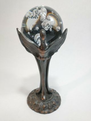 Vintage Modern Ornate Metal Tripod Bird Bubbled Glass Crystal Ball Holder Stand 3
