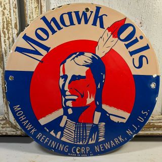 Vintage Porcelain Mohawk Oils Gas Sign Service Station Pump Plate