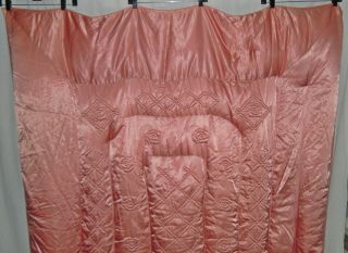 VTG 40s SOFT SHIMMERY ROSE PINK QUILTED LIQUID SATIN PUFFY DOWN COMFORTER 64x78 2