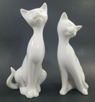 Mid Century Omc Japan White Porcelain Kitty Cat Figurines Exc 7.  5 " W Tags
