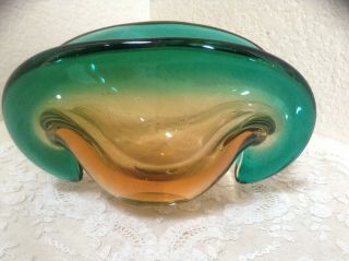 Stunning Vintage Murano Art Glass Clam Shell Vase Bowl Doubled Base Green/gold